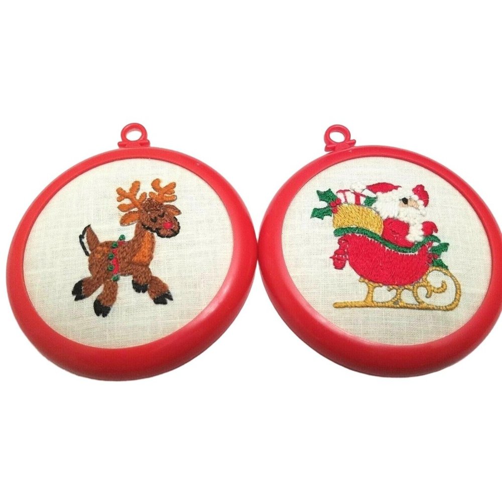 Rudolph Reindeer and Santa Christmas Tree Ornaments Handmade Embroidery Set